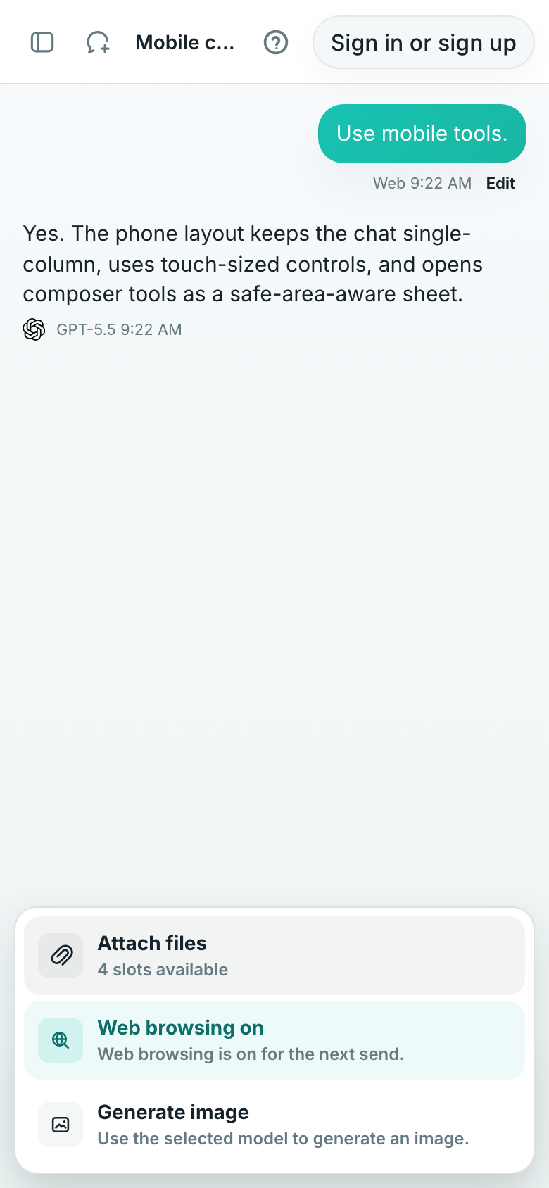 Screenshot of Lerix mobile web composer actions as a phone-sized sheet.