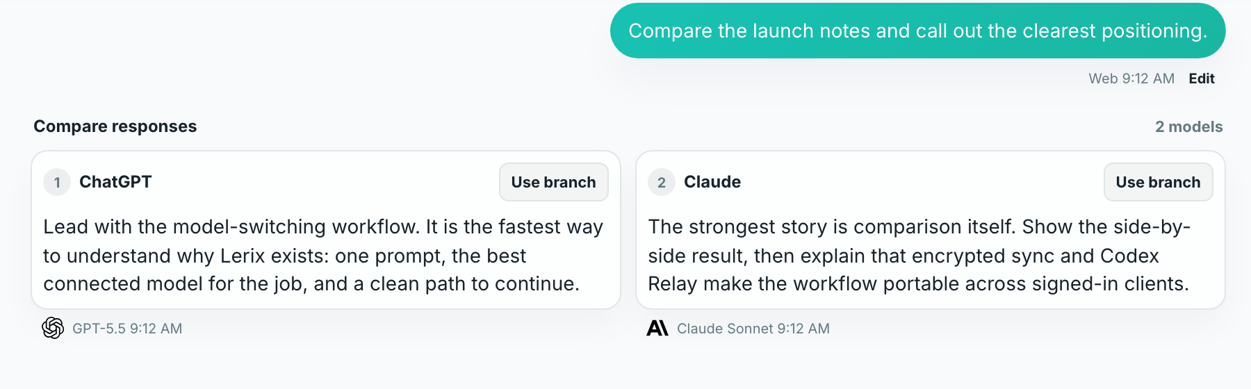 Screenshot of two model responses compared side by side in Lerix.