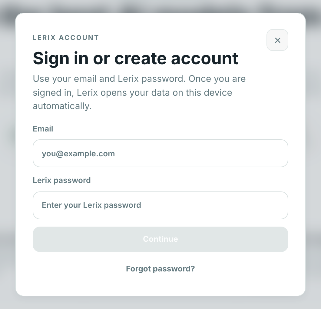 Screenshot of the Lerix sign-in screen.